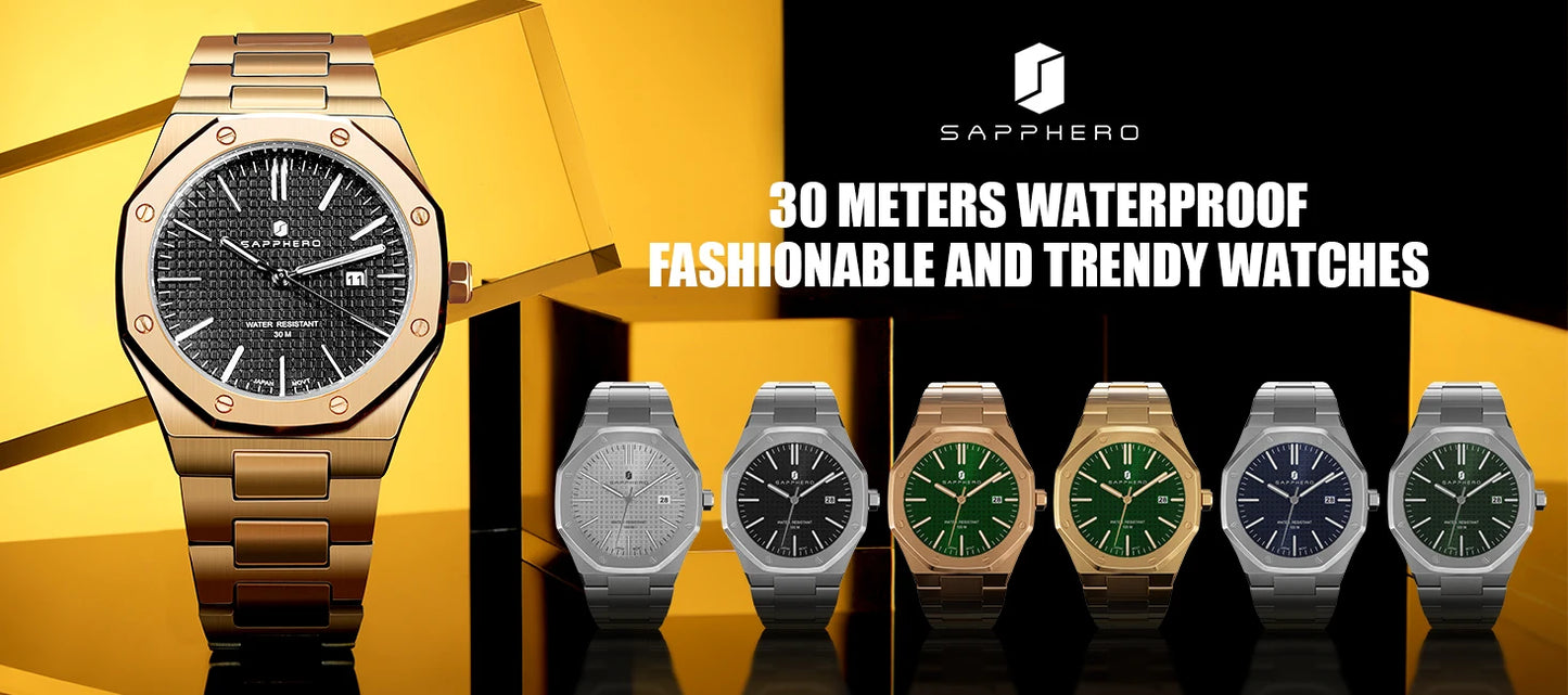 SAPPHERO Rose gold Watch Mens Watch Luxury  Stainless Steel Quartz Watch Business Waterproof Luminous Calendar Wristwatch Gift