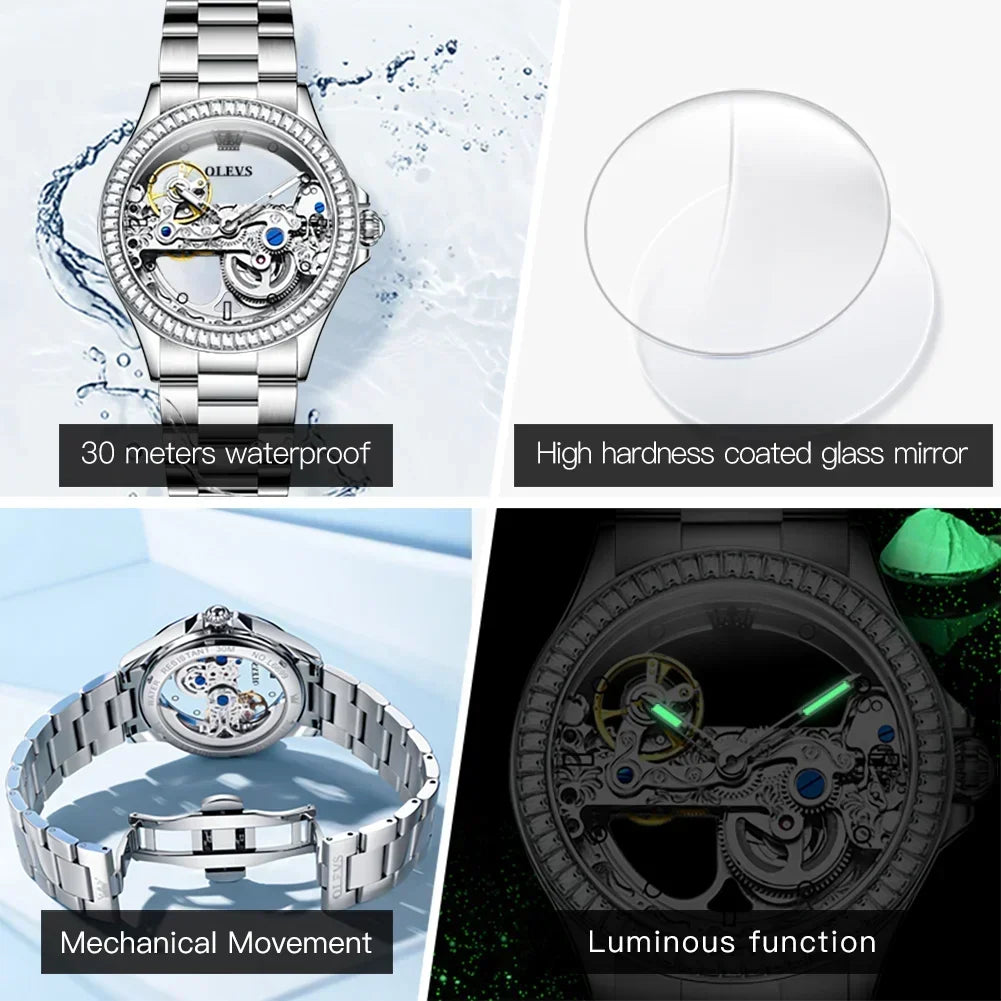 OLEVS Fully Hollow Watch for Women Automatic Mechanical Women's Watches Luminous Luxury Stainless Steel Diamond Inlay Wristwatch