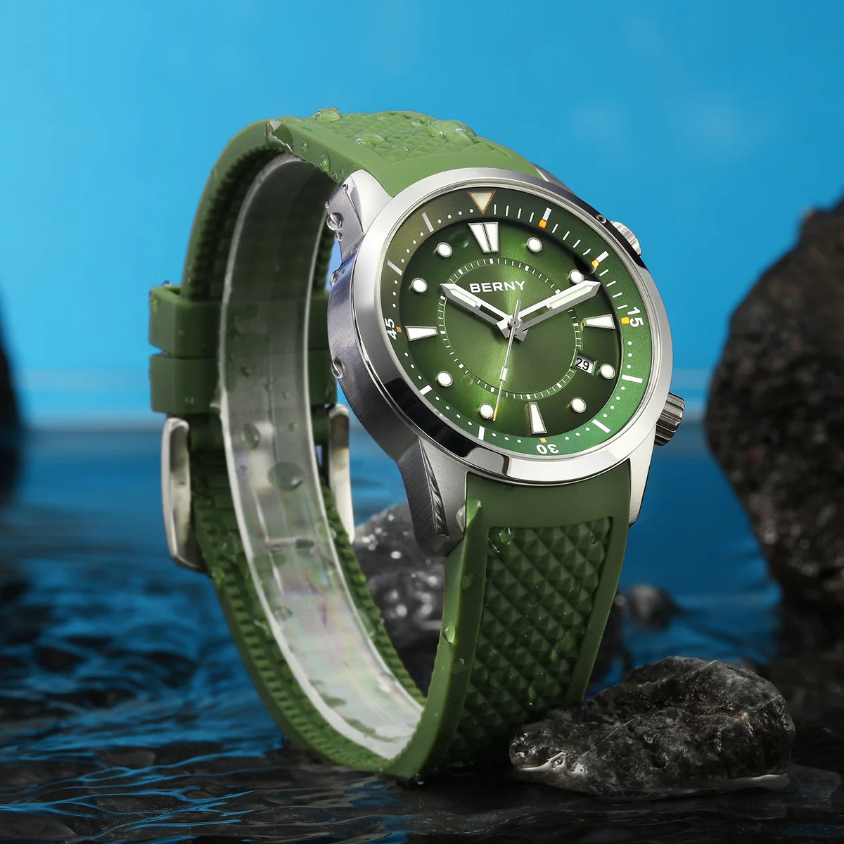 BERNY Automatic Diver Men Watch 200M Waterproof Miyota 8215 Sappire AR Coated Silicone Sports Swim Wristwatch Men's Diver Watch