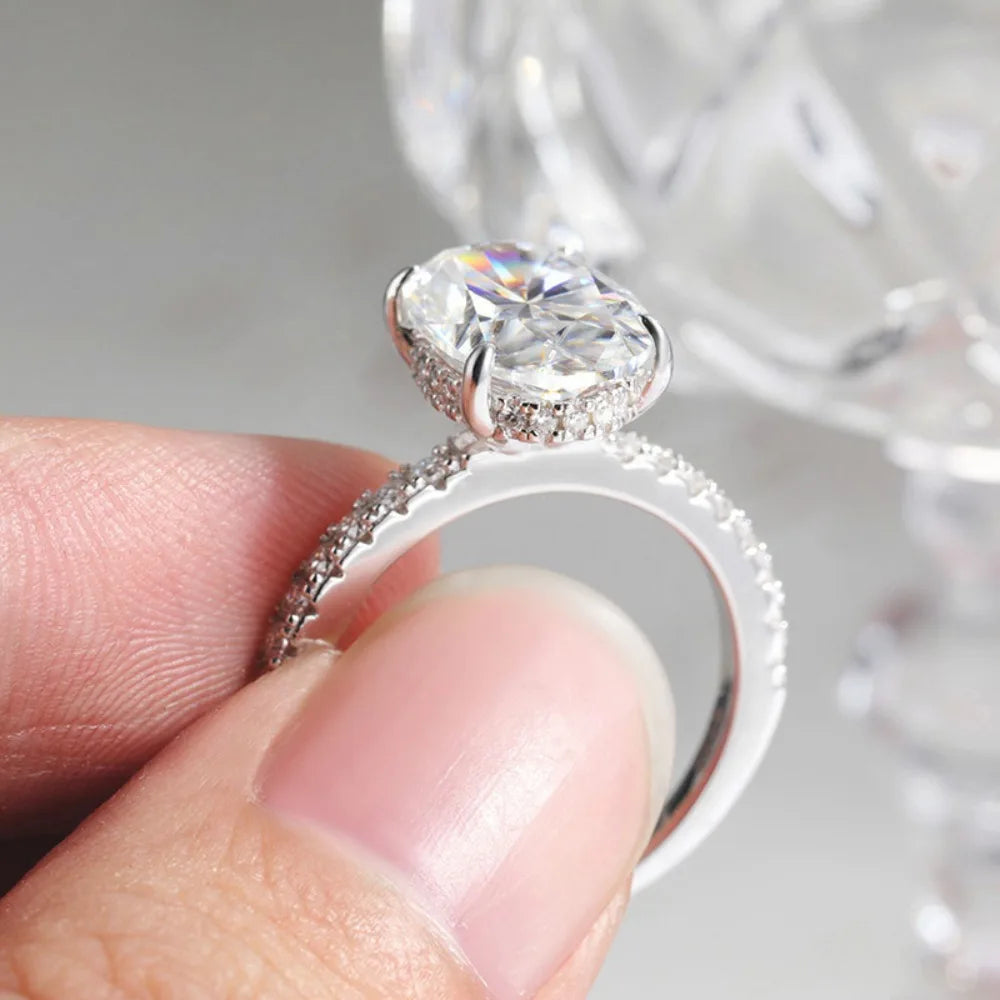 4.5CT Oval Cut Full Moissanite Engagement Ring for Women S925 Silver Plated 18K Gold Hidden Halo Diamond Wedding Band JewelryGRA