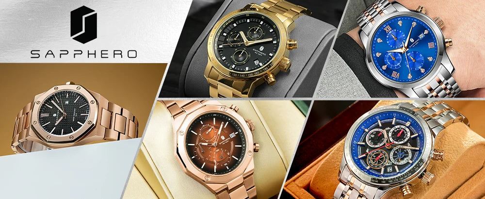 SAPPHERO Rose gold Watch Mens Watch Luxury  Stainless Steel Quartz Watch Business Waterproof Luminous Calendar Wristwatch Gift