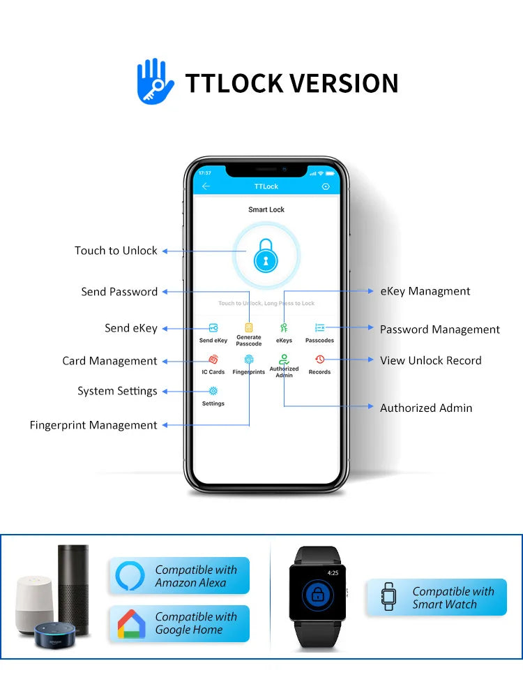 Waterproof Sliding Door Smart Lock TTLock App Alexa Fingerprint Digital Code RFID Card Anti-Lock Aluminum Glass Electronic Lock