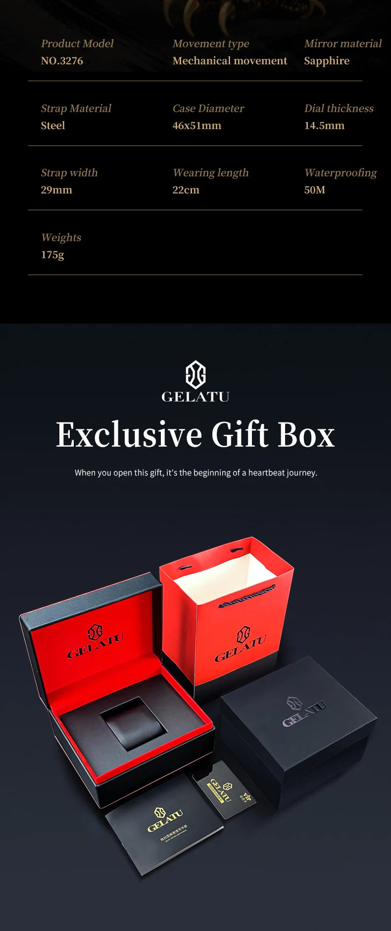 GELATU 6021 Men's Watch Fashion Automatic Mechanical Watch For Men Hollow Waterproof Luminous Dragon Dial Luxury Man Wristwatch