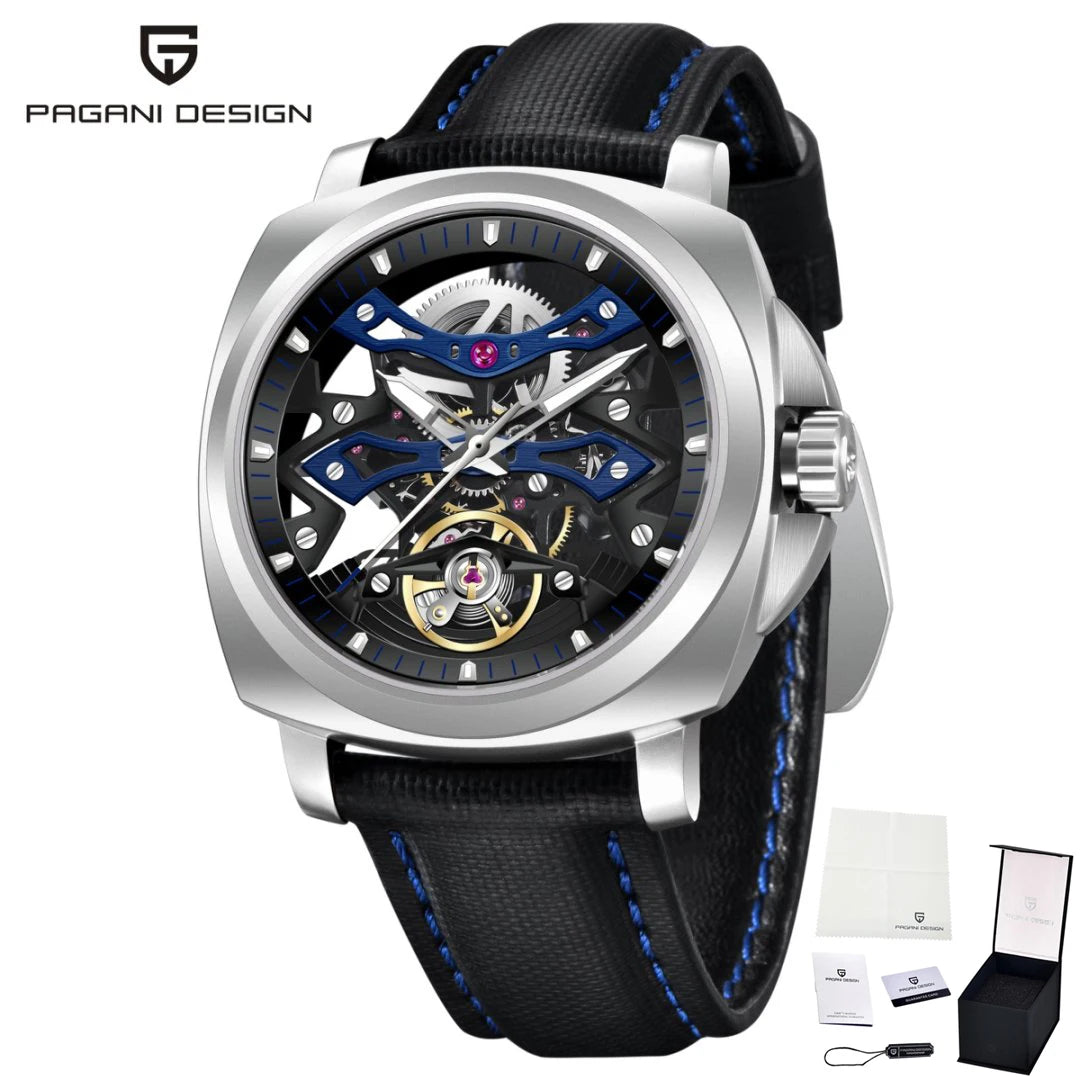 PAGANI DESIGN Herren Sportuhr, mechanische Automatik, quadratisches Design, Leder, wasserdicht, leuchtend, Geschenkidee für Feste, Herrenuhr + Box