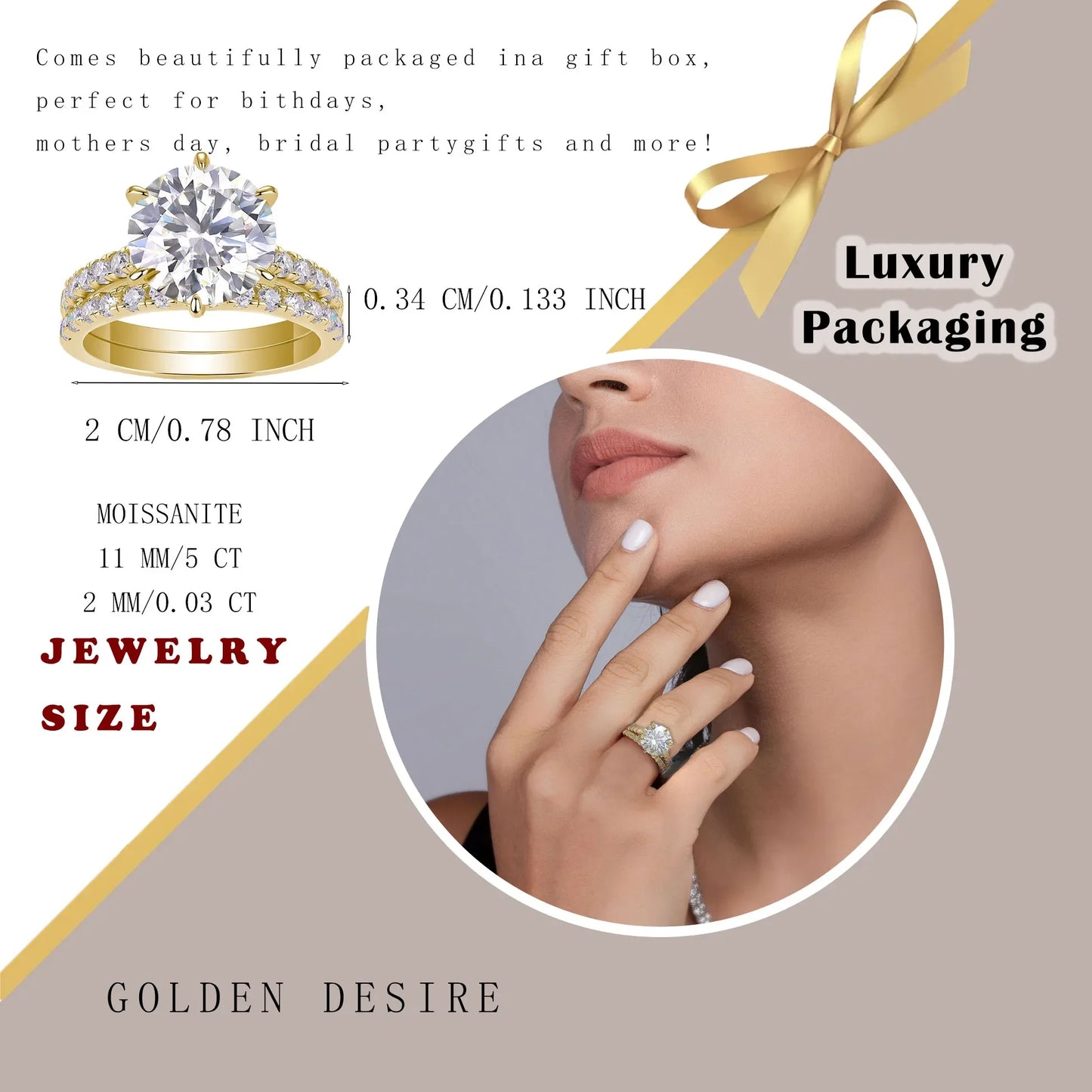 5.75CTW Moissanite Engagement Ring Set 2pcs, Round Cut, 925 Sterling Silver 18K Gold Plated, Classic Wedding Bridal Jewelry Gift