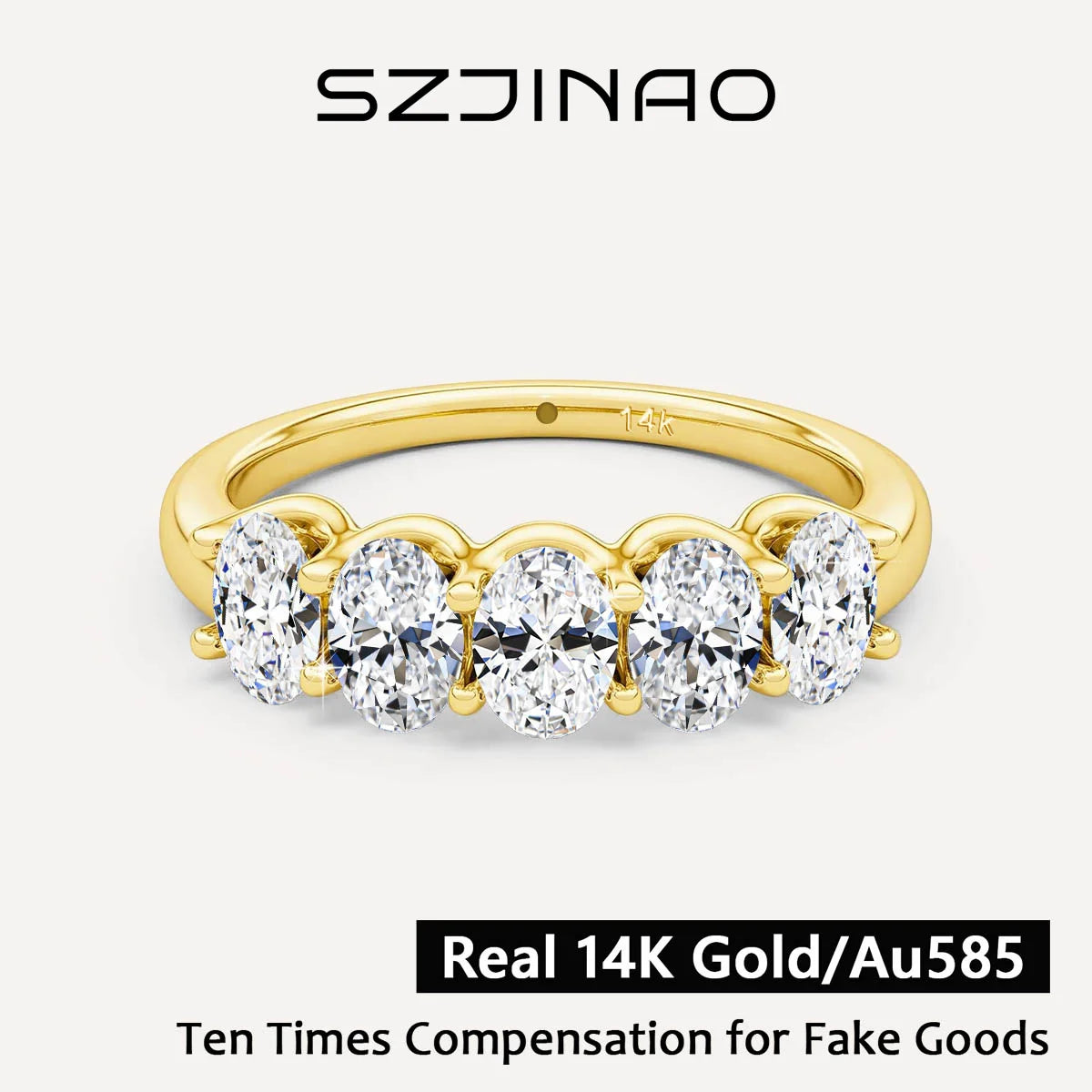 Oval 14K Yellow Gold Engagement Ring GRA Certified Moissanite Row Band 5 Stone 1.5ctw 100% Authentic for Women Wedding Jewelry