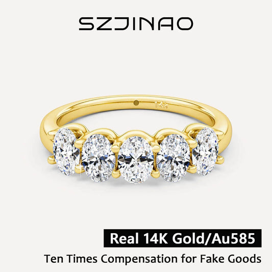 Oval 14K Yellow Gold Engagement Ring GRA Certified Moissanite Row Band 5 Stone 1.5ctw 100% Authentic for Women Wedding Jewelry