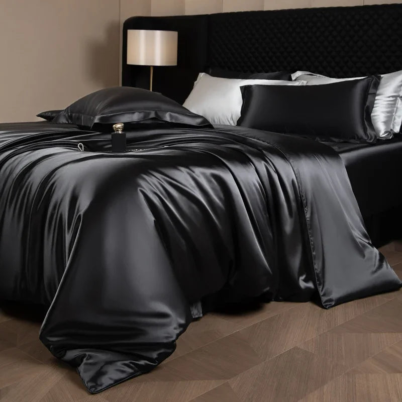 Silk Bed Sheets Set Luxury Bedding Set with Duvet Cover Fitted/Flat Bedheet Pillowcases Mixed with Rayon King Queen Full Twin