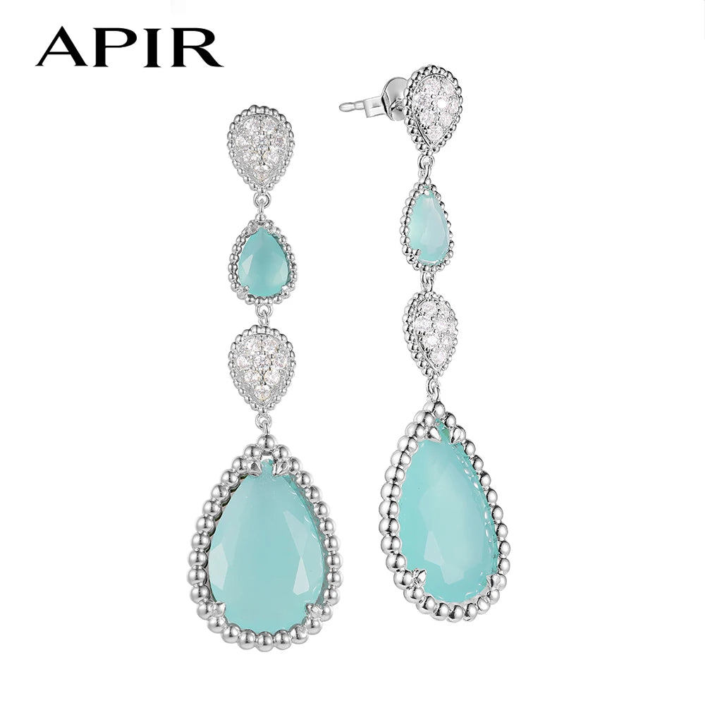 APIR Bohemian Blue Green Chalcedony Water Drop Woman's Earrings 18K White Gold Plated   Dance Party Wedding Luxury Long earrings