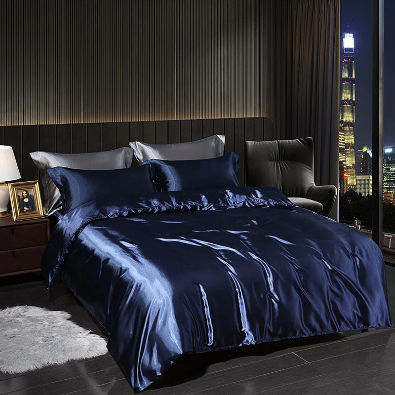 Luxury Satin  Bedding Set With Flat Sheet Duvet Cover High End Bedding Set  High Density Satin  Solid Color Bedding