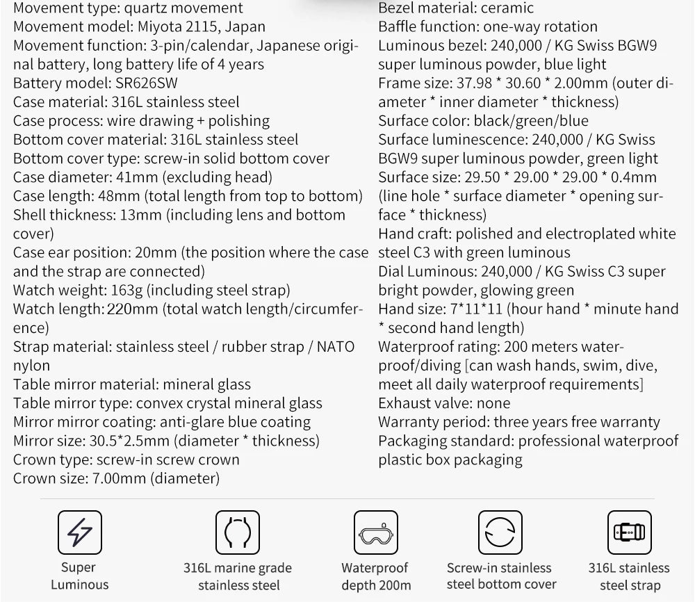 ADDIESDIVE Quartz Watch Classic Stainless Steel Ceramic Bezel Business Men's Watch BGW9 Luminous 200m Dive Relogios Masculino