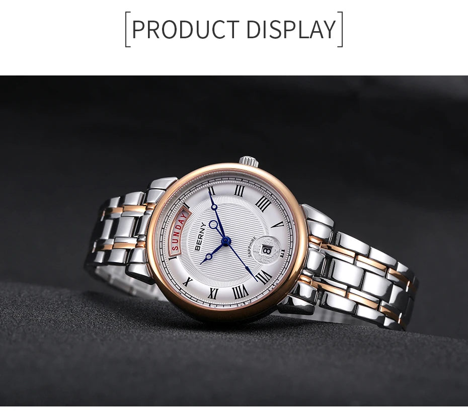 BERNY Women Watch Ladies Quartz Roman Numerals Day Date Calendar Watches Sapphire Glass Solid Steel Strap Women Wristwatch