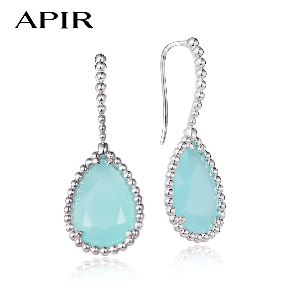 APIR Bohemian Blue Green Chalcedony Water Drop Woman's Earrings 18K White Gold Plated   Dance Party Wedding Luxury Long earrings