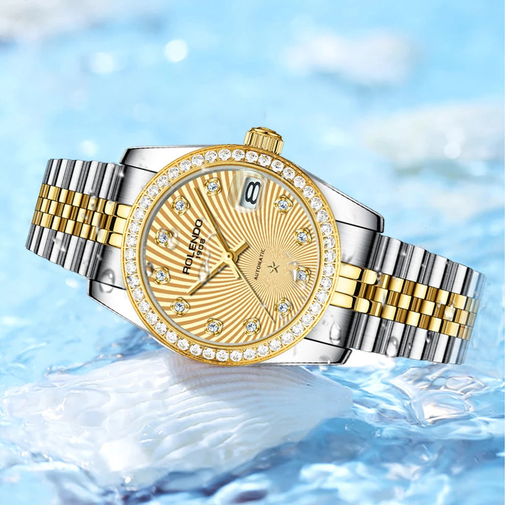 ROLENDO Classic Date Watches for Woman 32mm Sapphire Crystal 30ATM Butterfly Buckle Gold Luxury Diamond-set Automatic Wristwatch