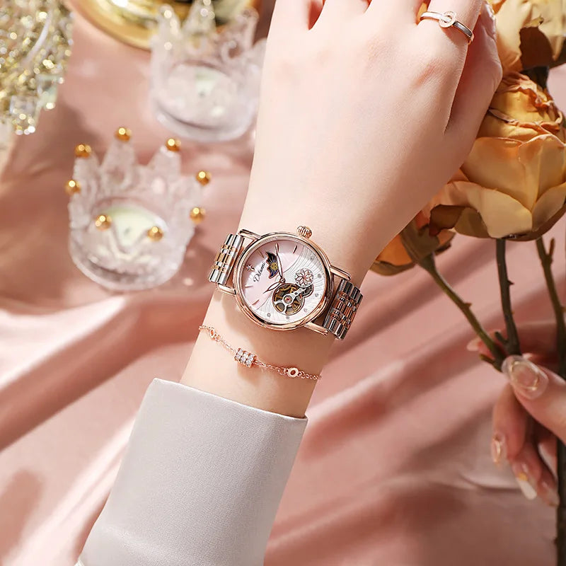 Lady Automatic Mechanical Watches Rotatable Flowers Female Watch Women Brand Luxury Fashion Moon Phase Waterproof Luminous Clock