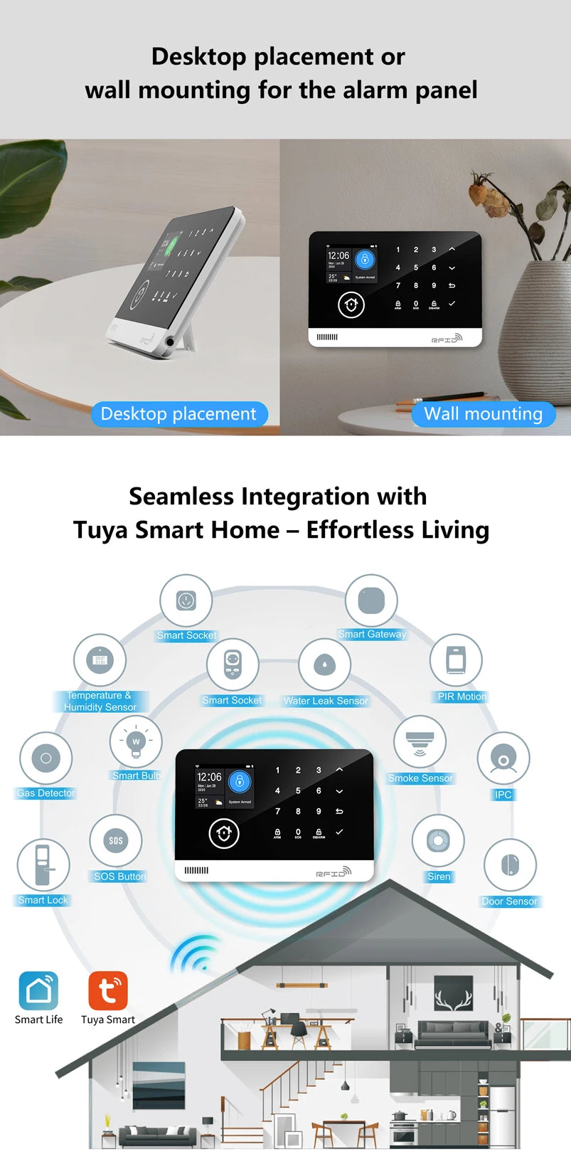 Wireless Tuya APP SIM GSM Home RFID Burglar Security LCD Touch Keyboard WIFI GSM Alarm System Sensor kit Russian,Spanish Voice