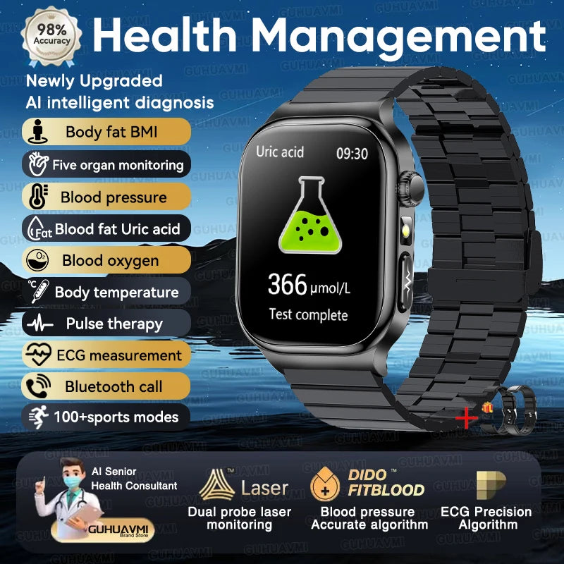 2025 New AI Human Health diagnosis ECG+HRV Smart Watch Blood Pressure Uric acid Blood lipid Bluetooth Call Smartwatch Men Women