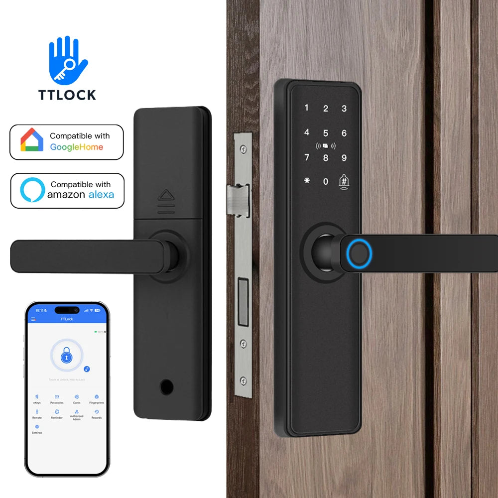 2025 Smart Door Lock With Bluetooth-compatible TTLock APP Digital Electronic Lock Smart Home Wooden Door Lock Fingerprint
