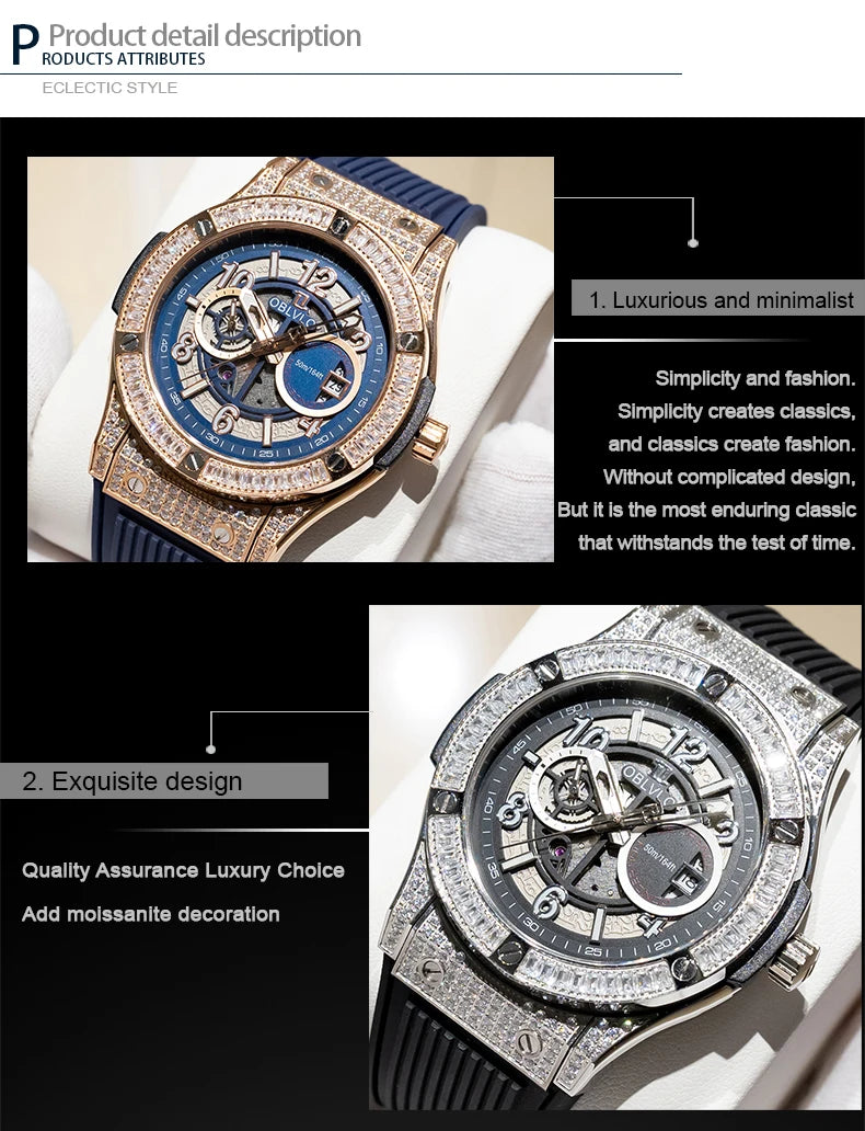 OBLVLO Men's Fashion Rose Gold 44mm Hollow-out Automatic Watch Waterproof Brown Leather Strap Mechanical Clock with Date HM-GT