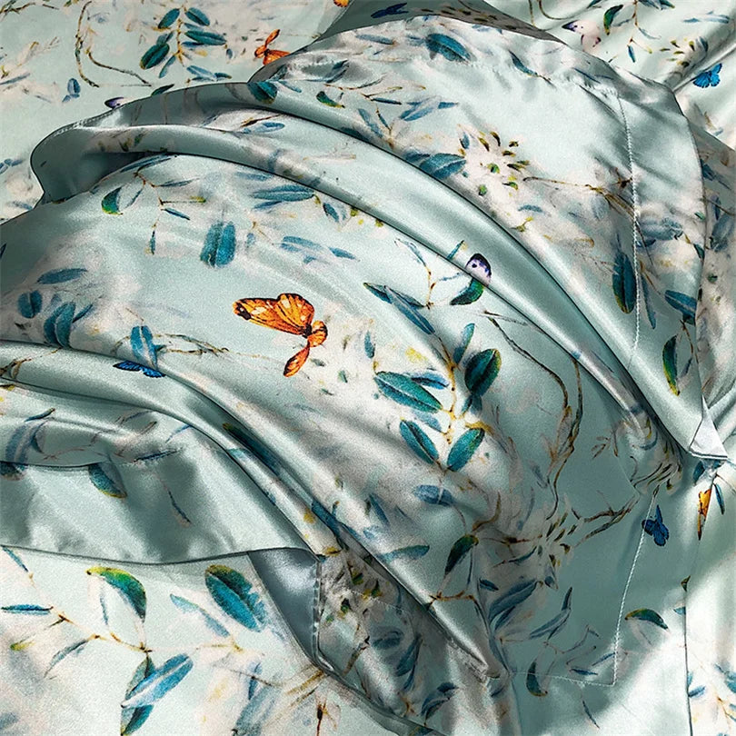 Floral Silk Bedding Set with Duvet Cover Bed Sheet Pillowcase Luxury Couple Single Double King Queen Soft Bedsheet Nordic Smooth