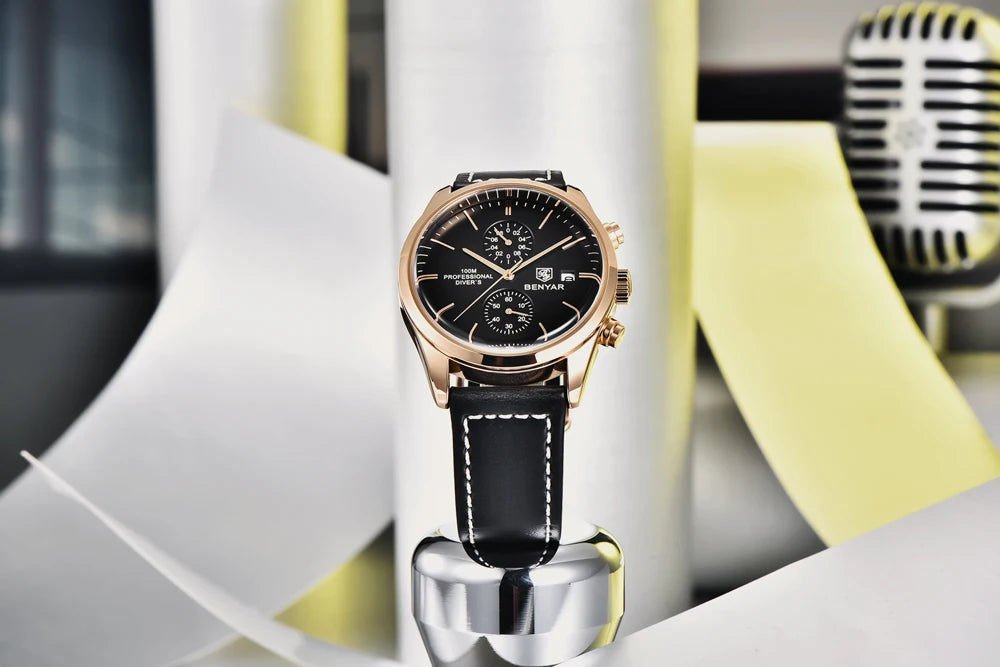 BENYAR Men Quartz Wristwatches Luxury Brand Chronograph Leather Sports Watch For Men Military 100M Waterproof Reloj Hombre 2023