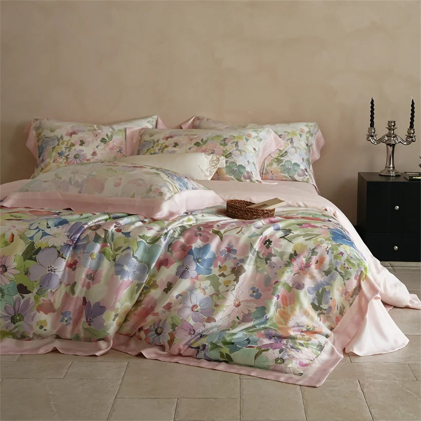 Luxury 22mm Mulberry Silk Bedding Set Romantic Floral Duvet Cover Pillowcases Bed Sheet Set Luxury Bed Linen King Queen Size