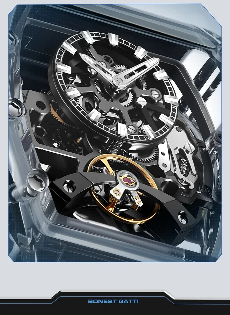 BONEST GATTI 2025 New Men Automatic Watch Tonneau Mechanical Wristwatch Acylic Case Sapphire Lume Hollow Out Dial Fluororubber