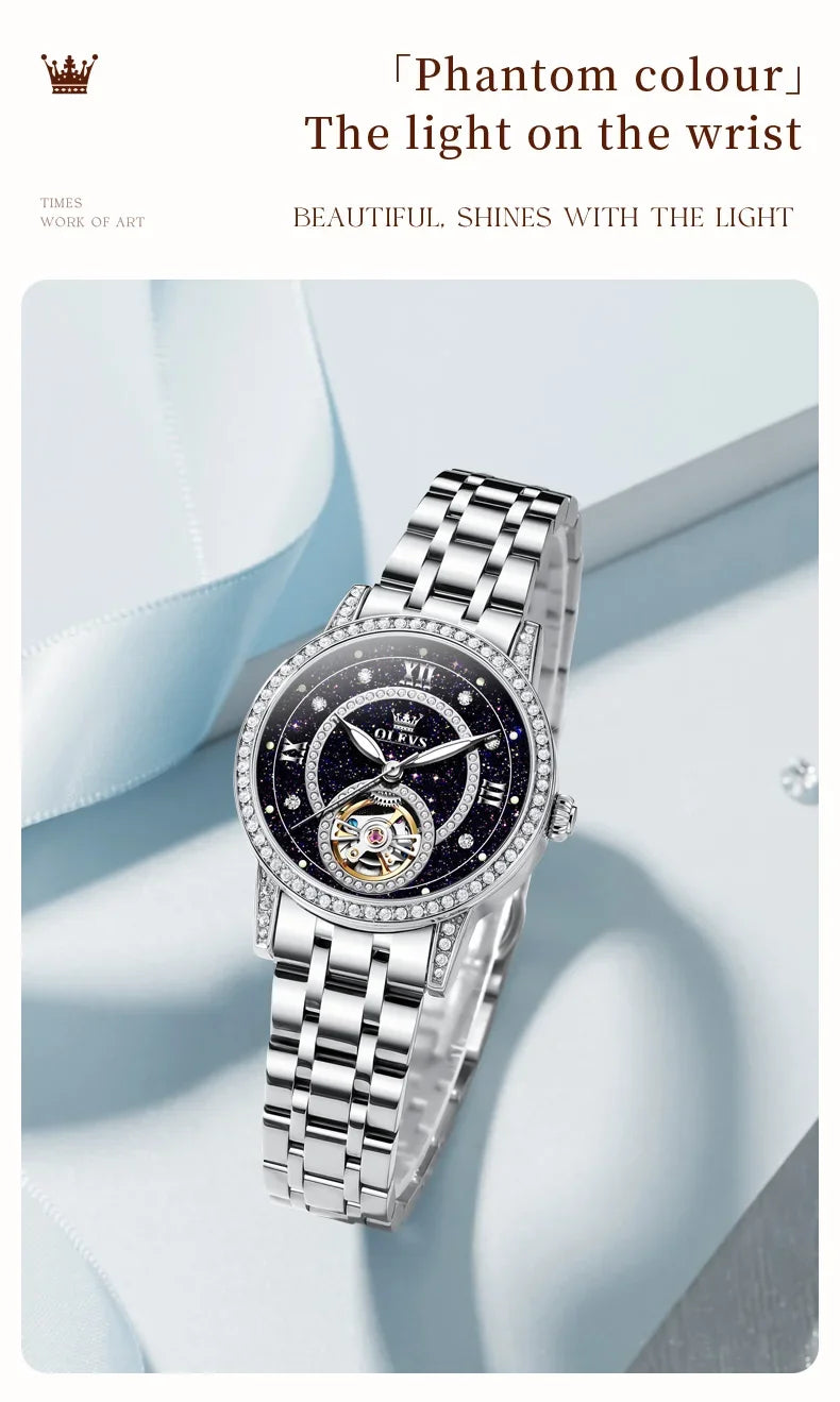 OLEVS Hollow Women's Watch Fully Automatic Mechanical Watch Luxury Diamond Inlaid Starry Sky Elegant Women's Brand Watch  7036