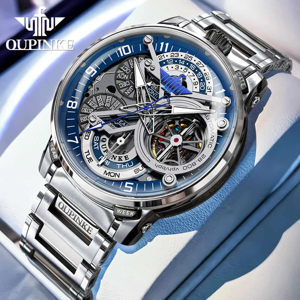 OUPINKE 3278 Herrenuhr, Luxus-Automatikuhr mit Schwungrad, Skelett-Uhrwerk, 50 m wasserdicht, Edelstahl 316L