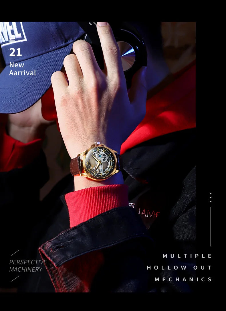 OLEVS Trend Fashion Men's Watches Casual Leather Strap Hollow Out Self-winding Movement Original Automatic Mechanical Wristwatch
