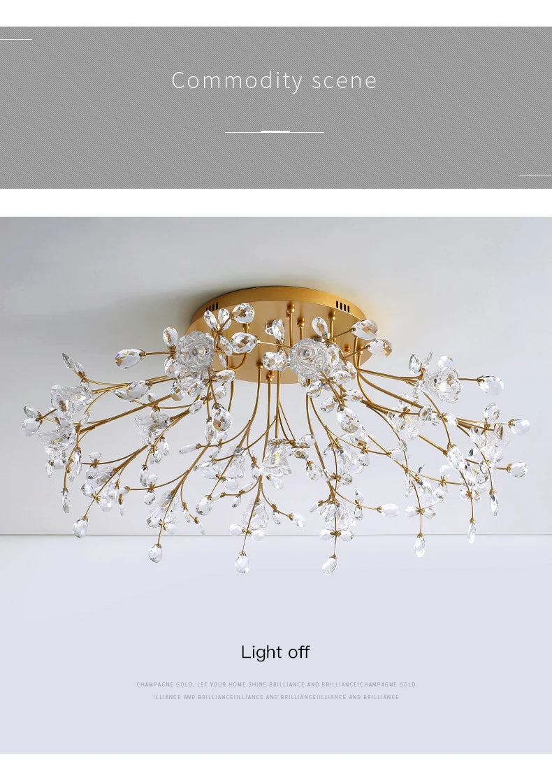 Luxury Crystal Flower Ceiling Light Gold LED Branch Tree Chandelier For Living Room Bedroom Villa Hotel Decor Bedside Wall Lamp
