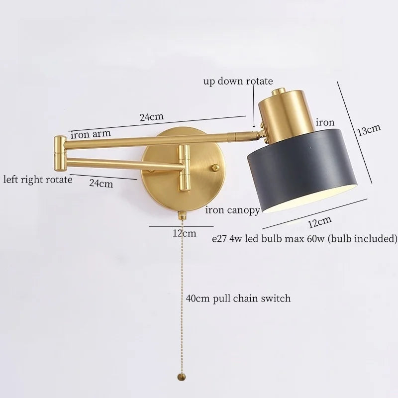 IWHD Golden Iron Art LED Wall Lights For Bedroom Kitchen Living Room Loft Mirror Bedside Lamp Swing Long Arm Lampade Da Parete