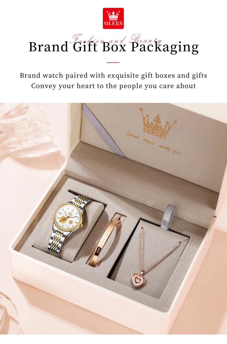 OLEVS 6706 Elegante Damenuhr mit Diamanten, wasserdicht, mit Nachtlicht, Automatikwerk, mechanisches Uhrwerk, Geschenkset
