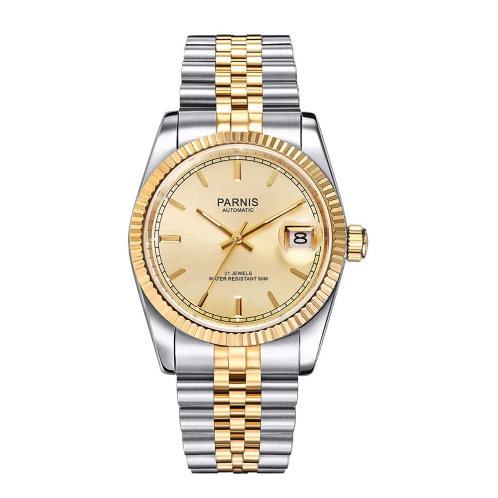 Parnis 36mm Gold Color Luminous Mark Automatic Men's Wristwatch 5 ATM Stainless Steel Jubilee Bracelet