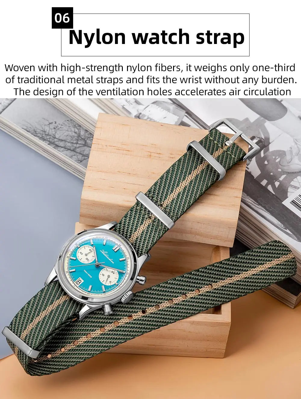 ADDIESDIVE Men's Quartz Chronograph Watch Luminous Bubble Glass 100m Waterproof Nylon Strap Watches For Man AD2095 Fashion Watch