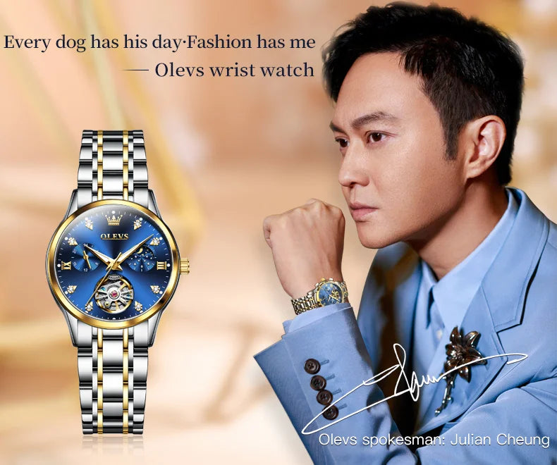 Montre femme OLEVS 6608, automatique, mécanique, étanche, en acier inoxydable, avec calendrier squelette.