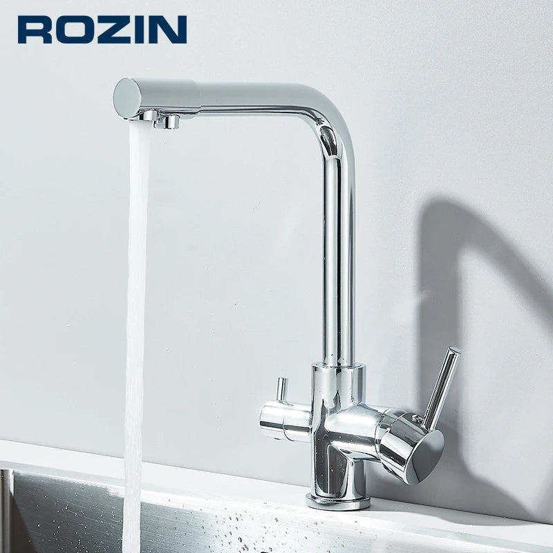Rozin Chrome Brass Purified Water Kitchen Faucet Mixer Tap and Pure Water Filter Faucet Deck Mounted Dual Handles Hot Cold Taps