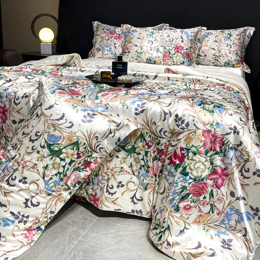 2025 new high-end luxury silky Sleeping naked digital printing washed silk style Bedding Set Duvet Cover Bed Sheet Pillowcases