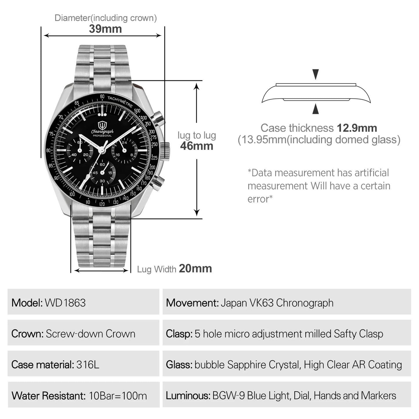 Watchdives WD1863 Quartz Watch VK63 Chronograph Movement Bubble Sapphire Crystal 10Bar Waterproof Luminous 39mm Vintage Watches