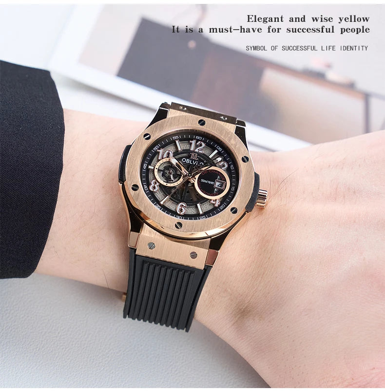 OBLVLO Men's Fashion Rose Gold 44mm Hollow-out Automatic Watch Waterproof Brown Leather Strap Mechanical Clock with Date HM-GT