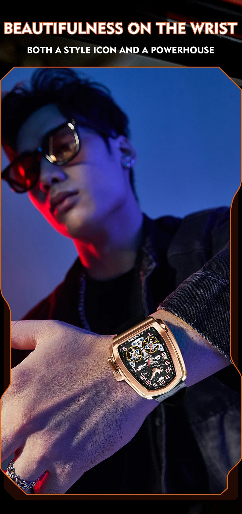 HANBORO fully automatic mechanical men's watch hollowed out wristwatch trend waterproof luminous watch