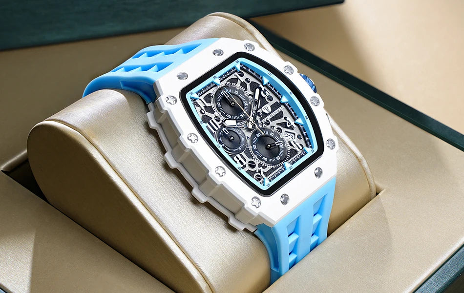 TSAR BOMBA Resin Watch for Men Tonneau Waterproof Mens Watches Top Brand Luxury Chronograph Sport Male White Wristwatches