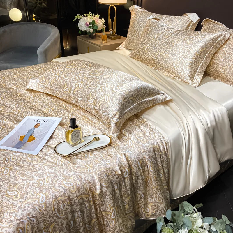 Floral Silk Bedding Set with Duvet Cover Bed Sheet Pillowcase Luxury Couple Single Double King Queen Soft Bedsheet Nordic Smooth