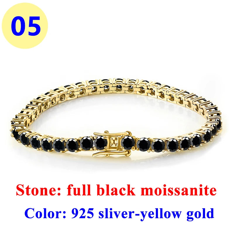 3MM Pink Full Moissanite Tennis HipHop Blue Green Yellow Purple Bracelet S925 Sliver Plated White Gold Bracelet for Women Men