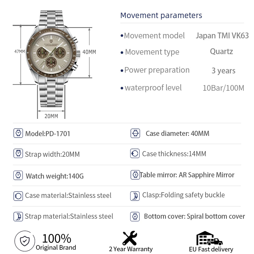 PAGANI DESIGN Saturn Men's Watches 2025 New Top Luxury Quartz Watch Men Light Tan Chronograph AR Sapphire crystal Wristwatch Men