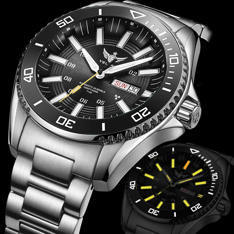 YELANG Automatic Mens Green Water Ghost Watches H3 T100 Self Luminous Wristwatch Waterproof 300m Turning Ceramic Bezel V1032