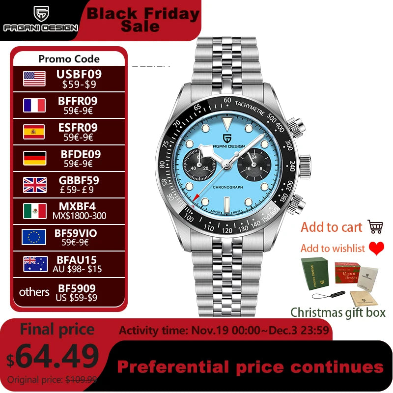 2025 New PAGANI DESIGN BB Flamingo Chronograph Luxury Sports Quartz Watch Men Sapphire mirror 100M Waterproof Fashion Wristwatch