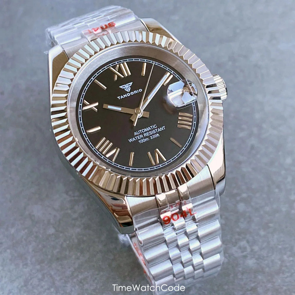 Montre automatique de luxe Tandorio Business pour homme, mouvement NH35A, cadran classique à chiffres romains, lunette cannelée, verre saphir, 36/39 mm
