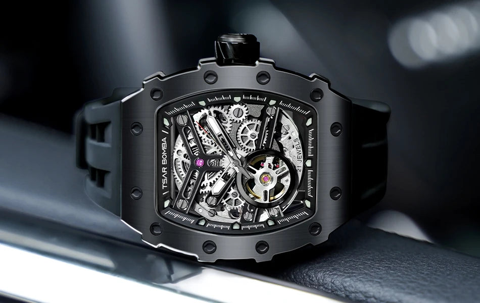TSAR BOMBA Automatic Watch for Men Waterproof Watch Tonneau Stainless steel Mechanical Wristwatch Silicone Strap Luxury Gift