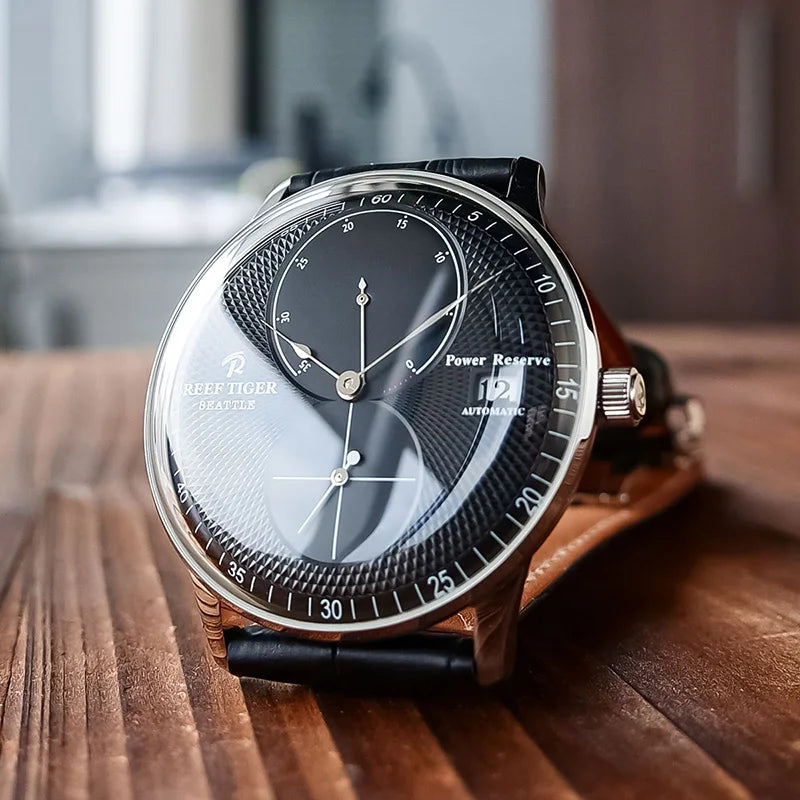 Reef-Tiger /RT Men Luxury Watch Rose Gold Mechanical Watch Brown Leather Strap Analog Watches Relogio Masculino RGA82B0